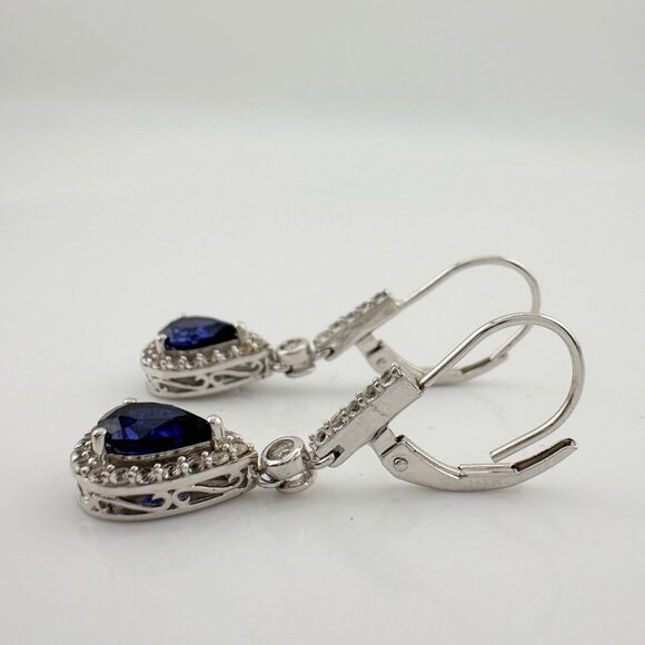Blue and White Sapphire Tear Drop Earrings in Sterling Silver - Picture 7 of 12